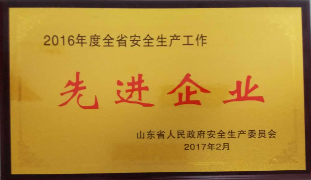 总公司喜获山东省2016年安全生产先进单位荣誉称号